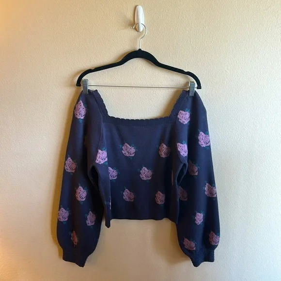 Hem & Thread Square Neck Floral Sweater Long Sleeve Charcoal Womens Size M - Picture 7 of 11